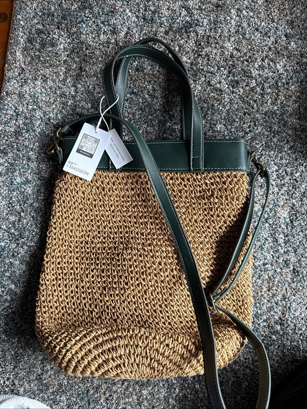 NWT 89th & Madison Straw Tote with Dark Green Trim
